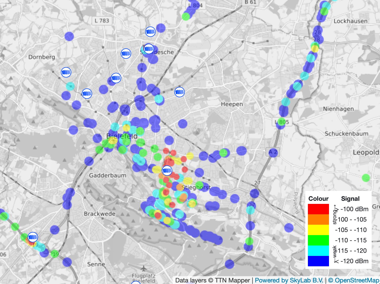 Kartendarstellung der Stadt Bielefeld und Umgebung. Mit farbigen Markierungen ist der Empfang von Datenpaketen über The Things Network eingezeichnet. Ein große Anzahl der Markierungen liegt im Süd-Osten der Region Bielefeld.