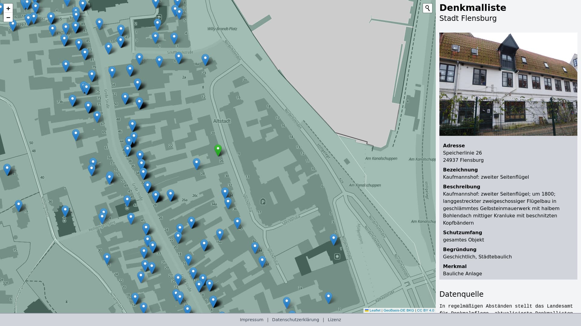 Screenshot Karte mit denkmalgeschützen Gebäuden in Flensburg