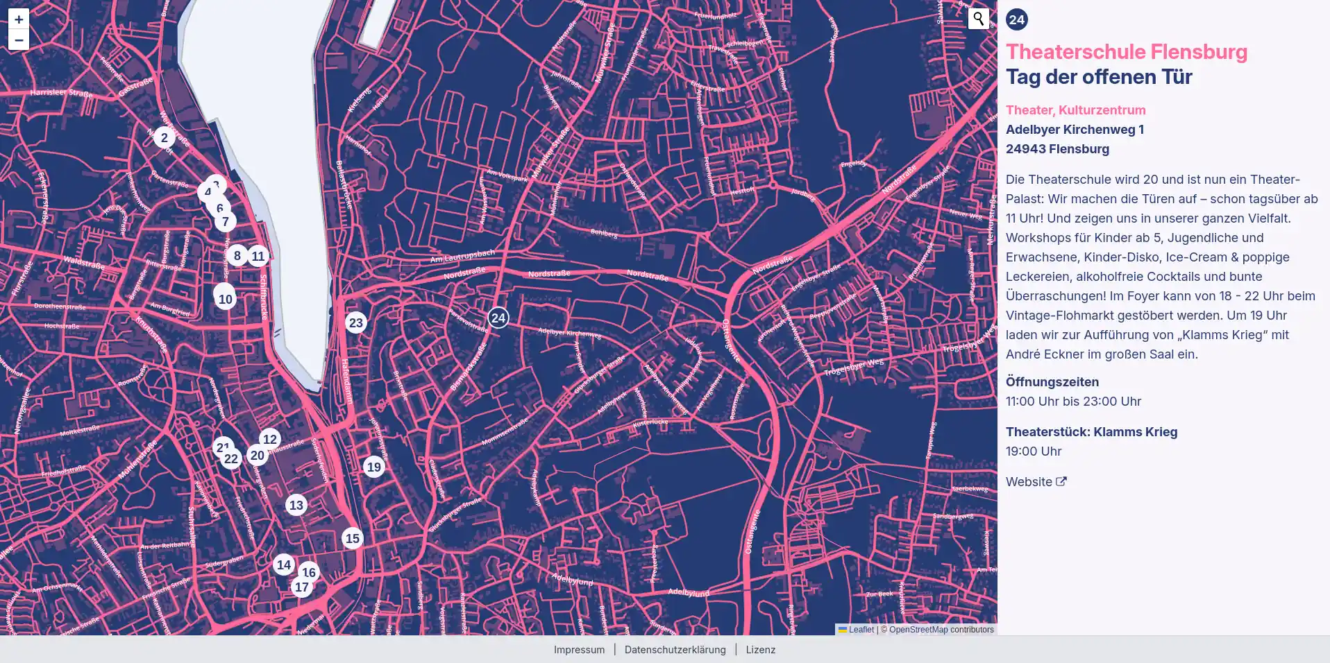 Screenshot Karte mit Verantstaltungsorten der Kulturnacht Flensburg