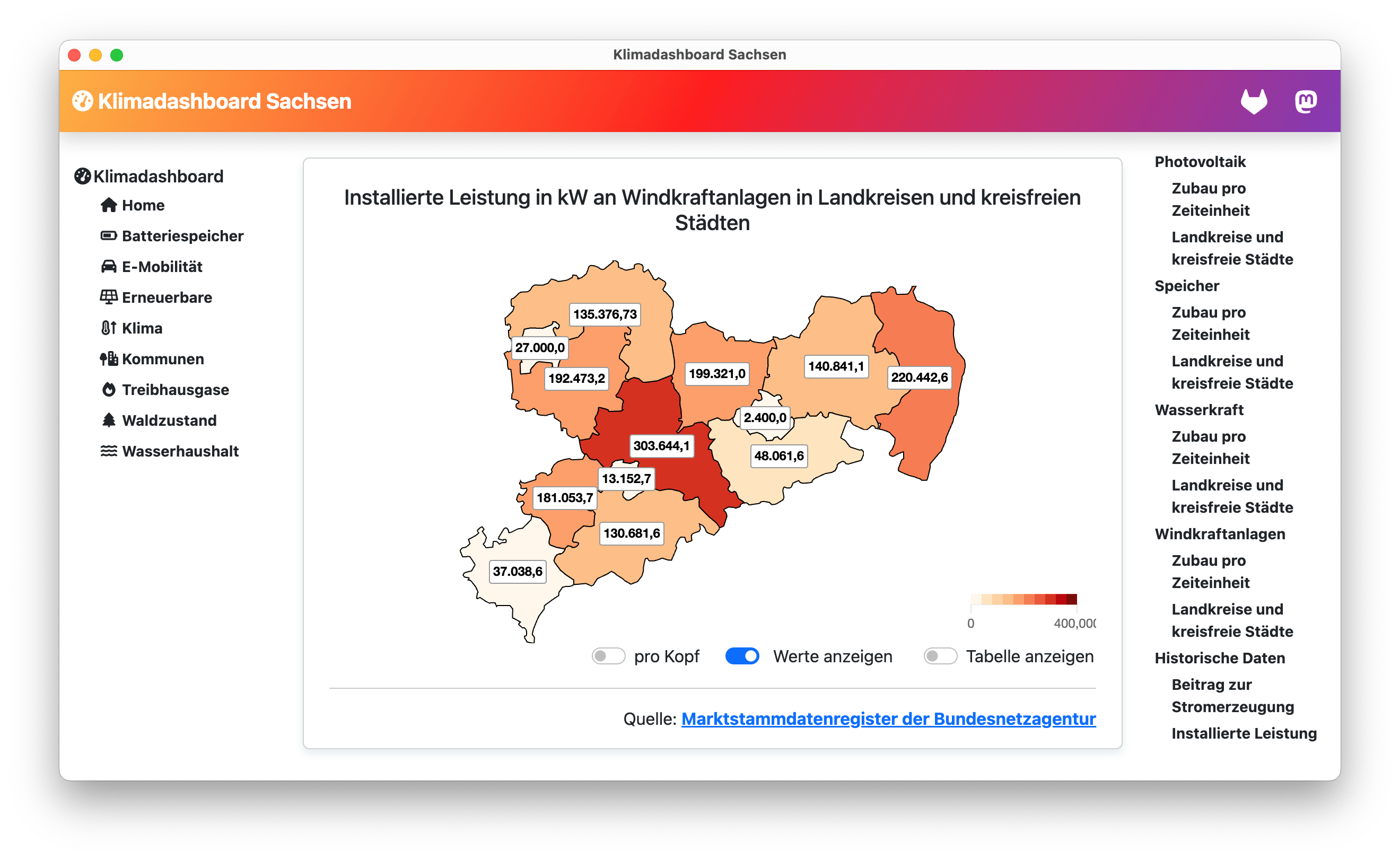 Screenshot Klimadashboard Sachsen