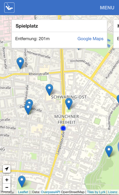 Screenshot Web-App zum Finden von bestimmten Orten (u.a. Defibrilatoren) in der Umgebung